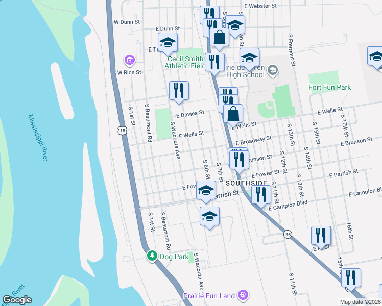 map of restaurants, bars, coffee shops, grocery stores, and more near 1111 South 5th Street in Prairie du Chien
