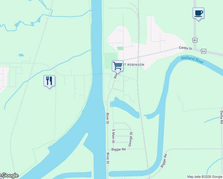 map of restaurants, bars, coffee shops, grocery stores, and more near River Street in Regional Municipality of Niagara