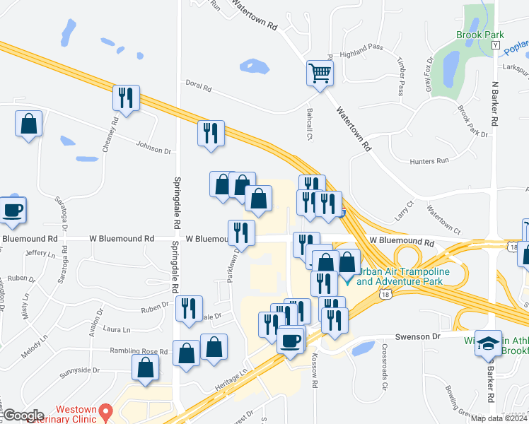 map of restaurants, bars, coffee shops, grocery stores, and more near 2320 West Bluemound Road in Waukesha