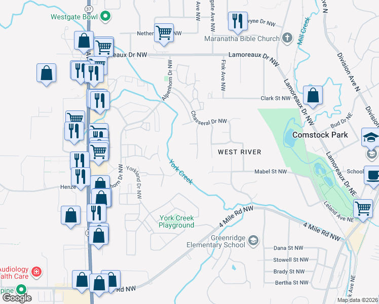 map of restaurants, bars, coffee shops, grocery stores, and more near 457 Woodrush Court Northwest in Comstock Park