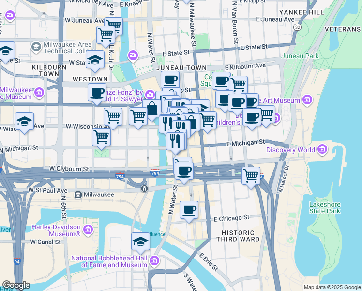 map of restaurants, bars, coffee shops, grocery stores, and more near 220 East Michigan Street in Milwaukee