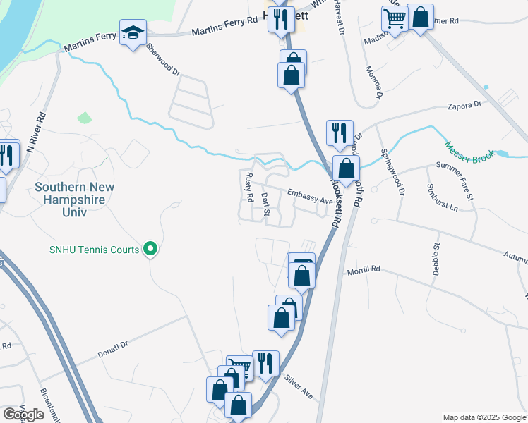 map of restaurants, bars, coffee shops, grocery stores, and more near 9 Dart Street in Hooksett