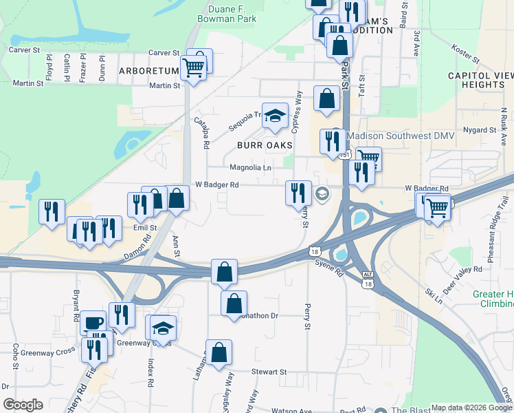 map of restaurants, bars, coffee shops, grocery stores, and more near 1019 West Badger Road in Madison
