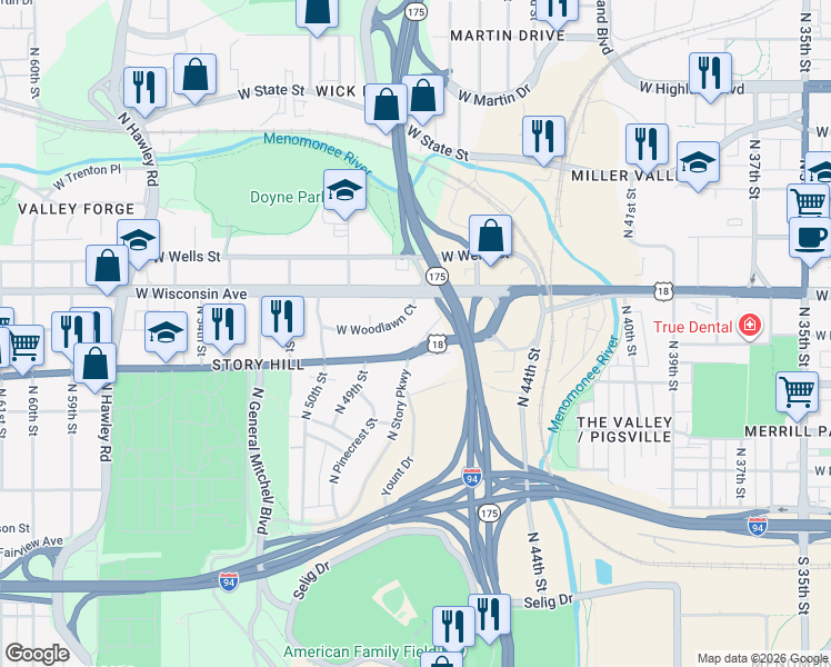 map of restaurants, bars, coffee shops, grocery stores, and more near 527 North Story Parkway in Milwaukee