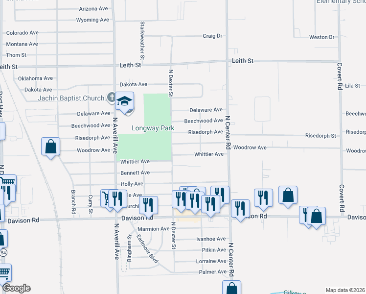 map of restaurants, bars, coffee shops, grocery stores, and more near 3705 Woodrow Avenue in Flint