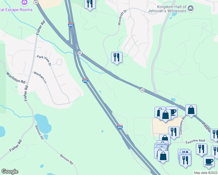 map of restaurants, bars, coffee shops, grocery stores, and more near Willowbrook Office Park in Fairport