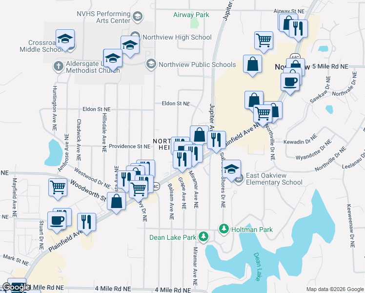 map of restaurants, bars, coffee shops, grocery stores, and more near 4108 Northgate Drive Northeast in Grand Rapids