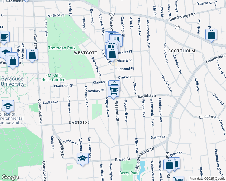 map of restaurants, bars, coffee shops, grocery stores, and more near 718-20 Westcott Street in Syracuse