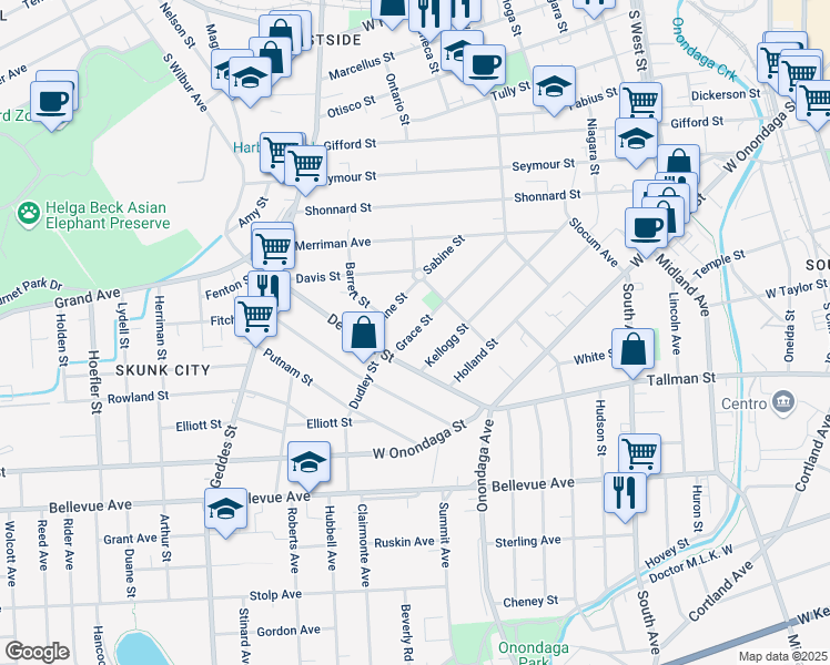 map of restaurants, bars, coffee shops, grocery stores, and more near 210 Grace Street in Syracuse