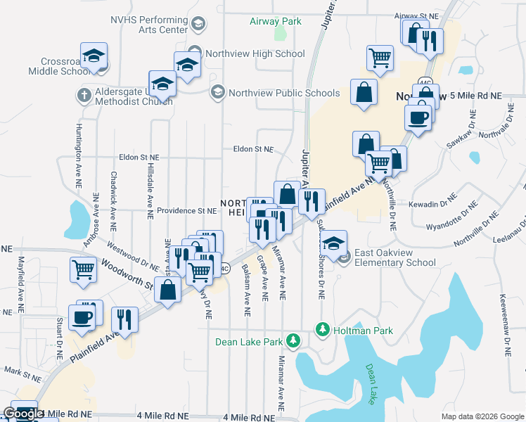 map of restaurants, bars, coffee shops, grocery stores, and more near 4108 Northgate Drive Northeast in Grand Rapids