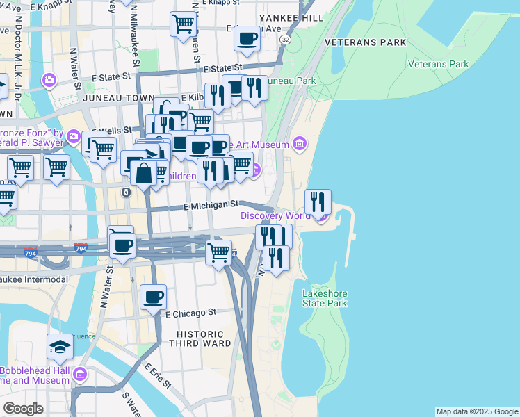 map of restaurants, bars, coffee shops, grocery stores, and more near 910 East Michigan Street in Milwaukee