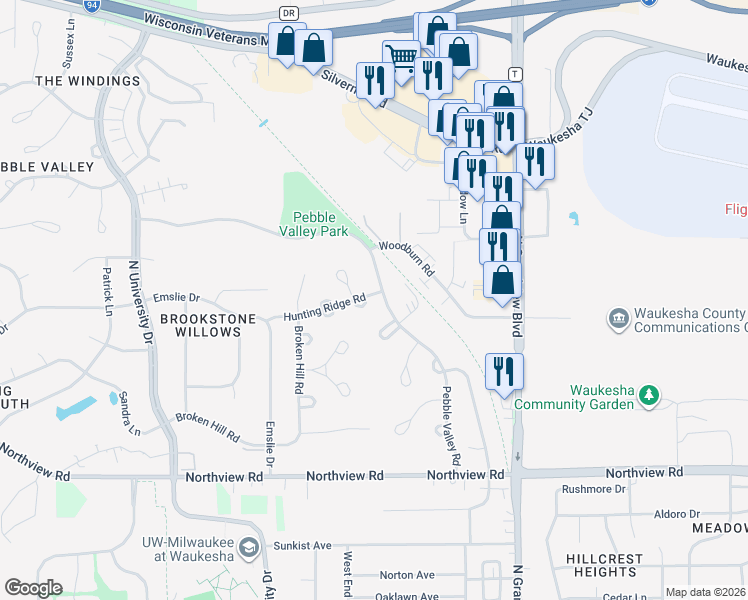 map of restaurants, bars, coffee shops, grocery stores, and more near 2437 Pebble Valley Road in Waukesha