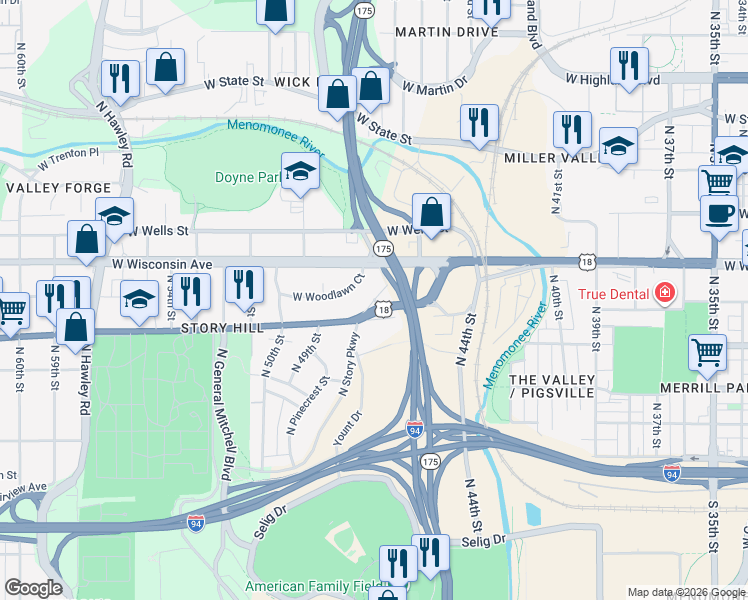 map of restaurants, bars, coffee shops, grocery stores, and more near 5115 West Blue Mound Court in Milwaukee