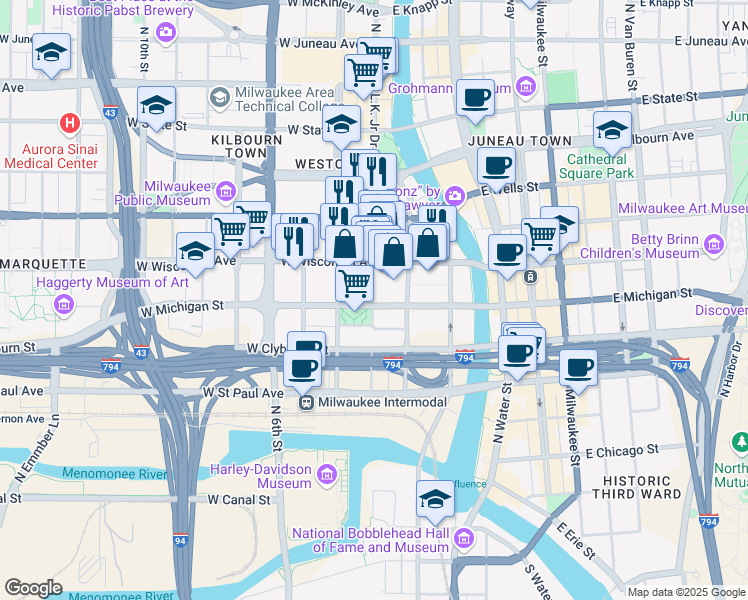 map of restaurants, bars, coffee shops, grocery stores, and more near 300 West Michigan Street in Milwaukee