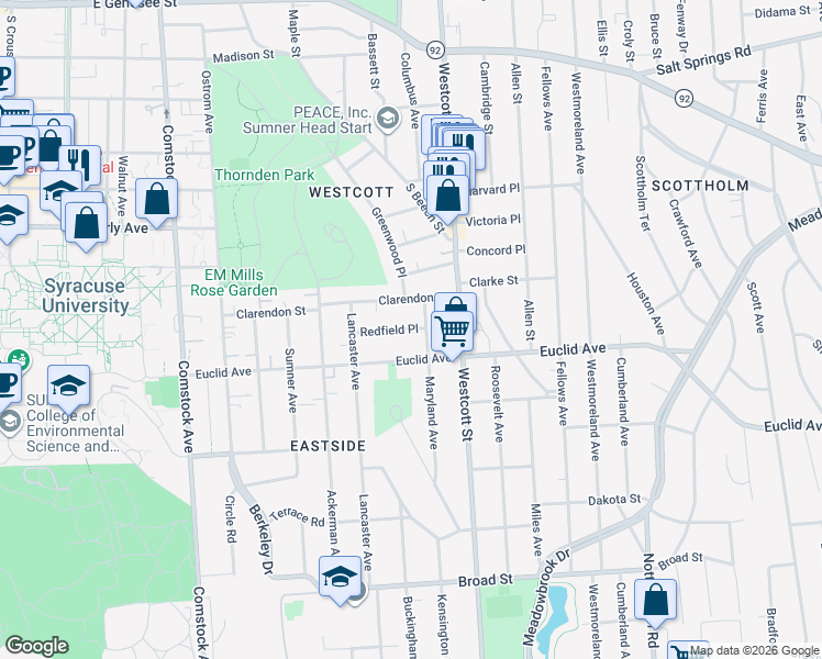 map of restaurants, bars, coffee shops, grocery stores, and more near 151 Redfield Place in Syracuse