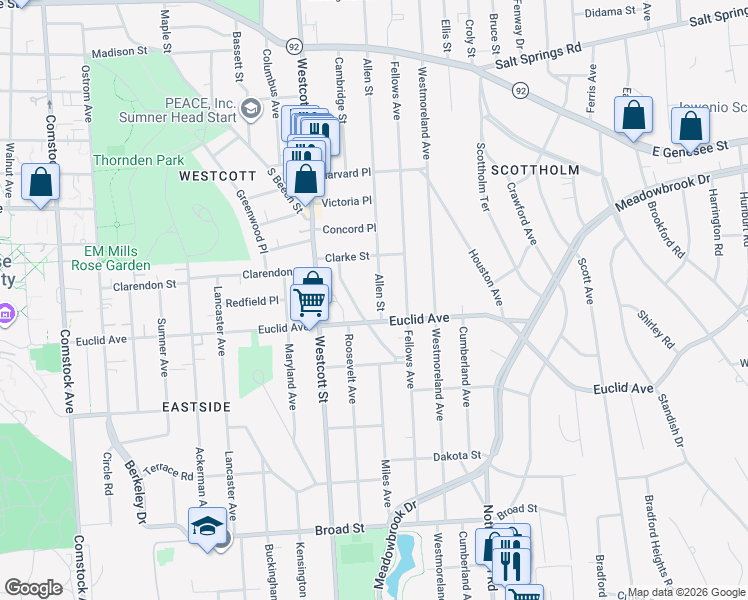 map of restaurants, bars, coffee shops, grocery stores, and more near 744 Allen Street in Syracuse