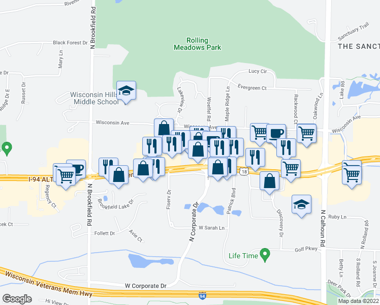 map of restaurants, bars, coffee shops, grocery stores, and more near 18110 West Bluemound Frontage Road in Brookfield