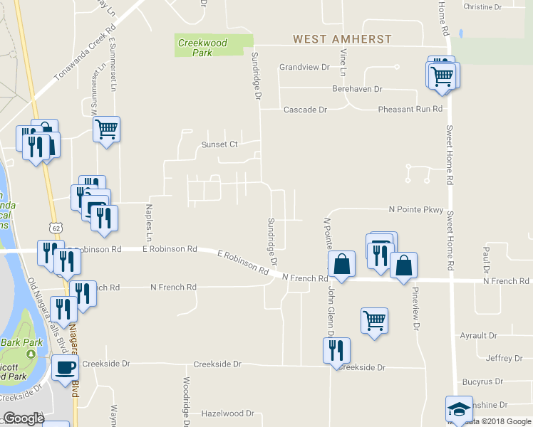 map of restaurants, bars, coffee shops, grocery stores, and more near 118 Sundridge Drive in Buffalo