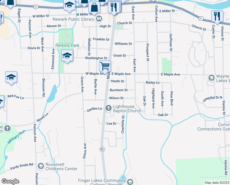 map of restaurants, bars, coffee shops, grocery stores, and more near 105 Burnham Street in Newark