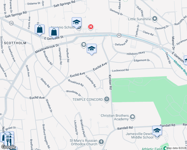 map of restaurants, bars, coffee shops, grocery stores, and more near 100 Guilford Road in Syracuse