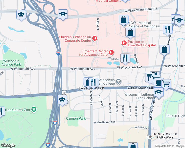 map of restaurants, bars, coffee shops, grocery stores, and more near 9155 West Wisconsin Avenue in Milwaukee