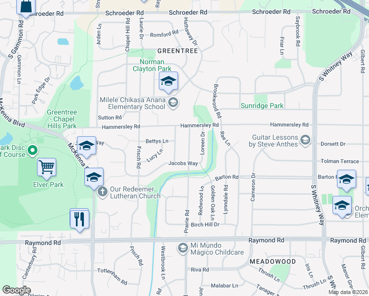 map of restaurants, bars, coffee shops, grocery stores, and more near 1401 Prairie Road in Madison