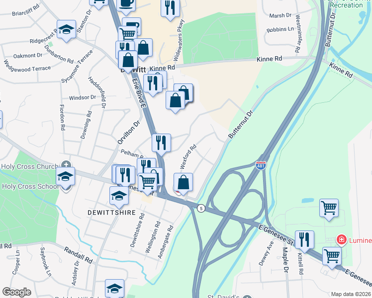 map of restaurants, bars, coffee shops, grocery stores, and more near 31 Wexford Road in Syracuse