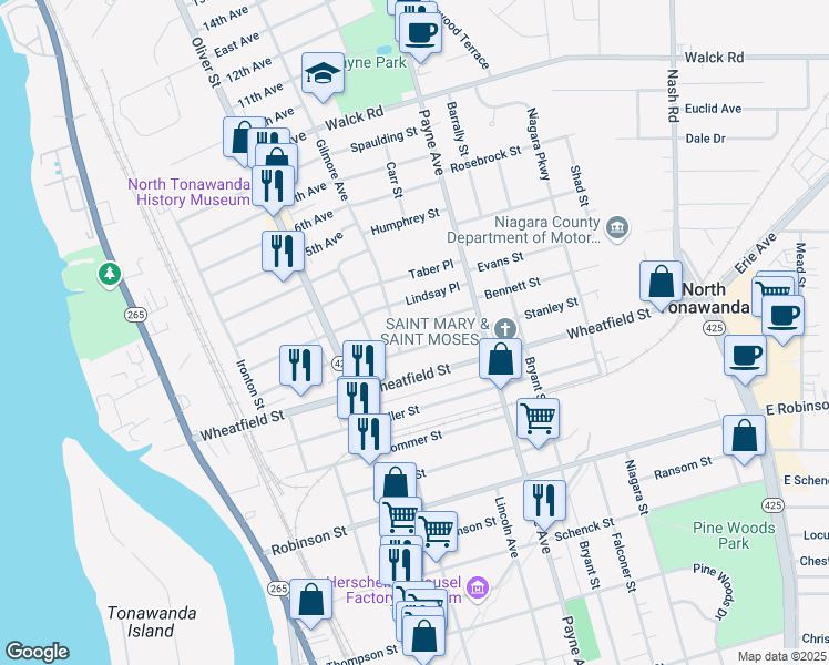 map of restaurants, bars, coffee shops, grocery stores, and more near 248 Shartle Place in North Tonawanda