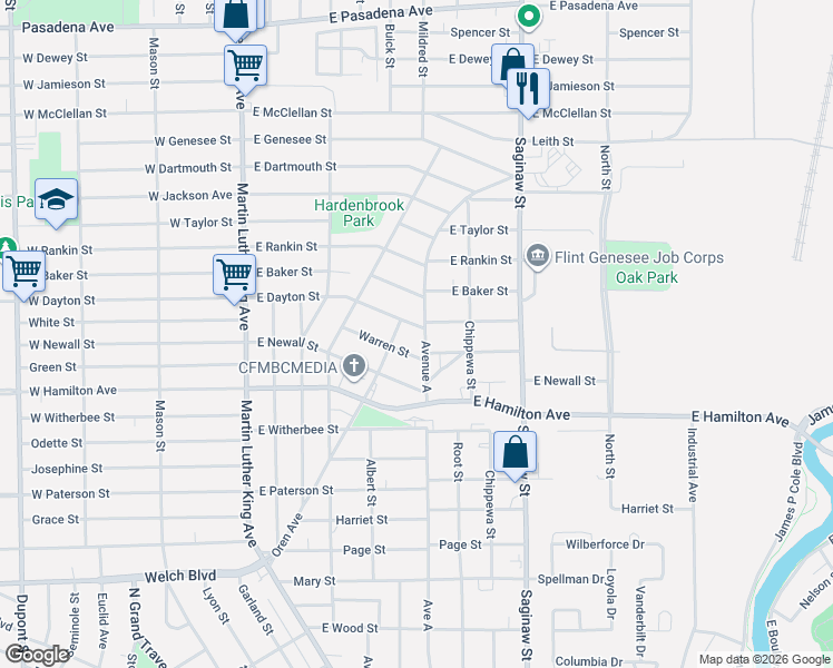 map of restaurants, bars, coffee shops, grocery stores, and more near 402 East Dayton Street in Flint