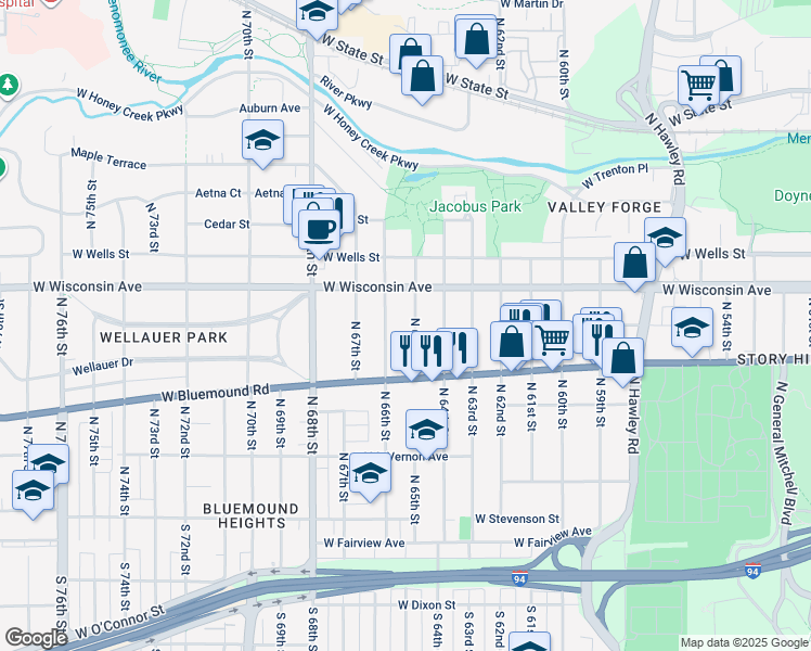 map of restaurants, bars, coffee shops, grocery stores, and more near 612 North 65th Street in Wauwatosa
