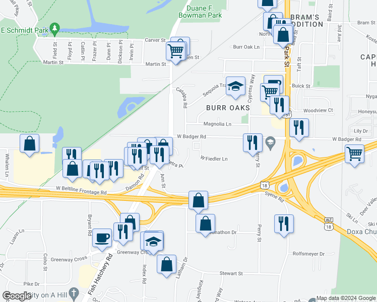 map of restaurants, bars, coffee shops, grocery stores, and more near 1122 Alrita Court in Madison