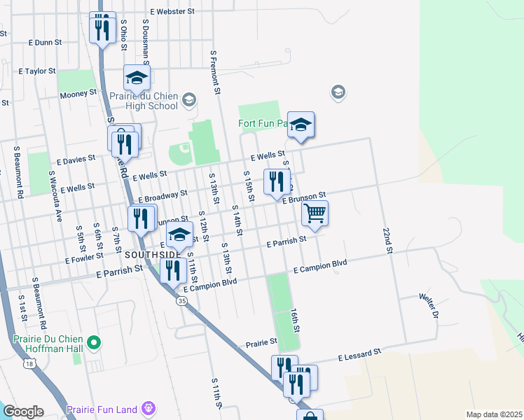 map of restaurants, bars, coffee shops, grocery stores, and more near 1406 East Brunson Street in Prairie du Chien