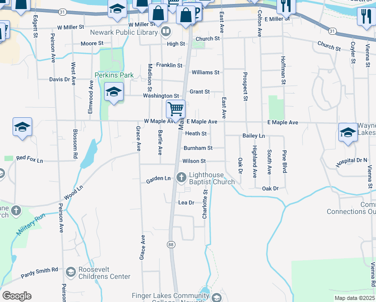 map of restaurants, bars, coffee shops, grocery stores, and more near 105 Burnham Street in Newark