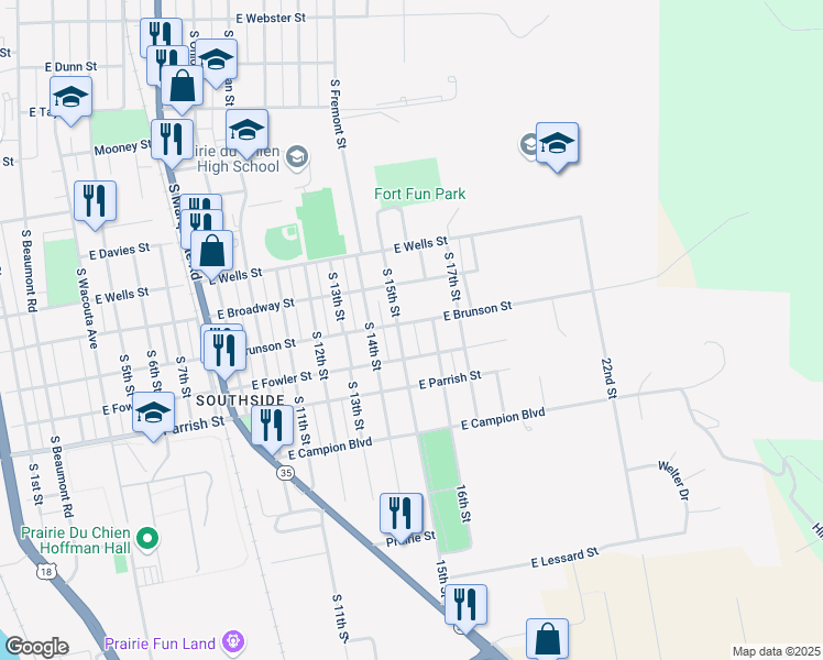 map of restaurants, bars, coffee shops, grocery stores, and more near 1406 East Brunson Street in Prairie du Chien