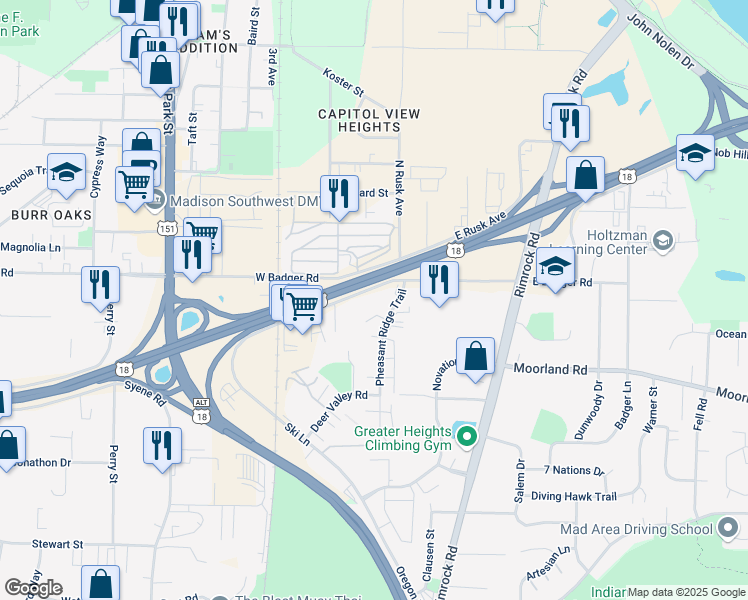 map of restaurants, bars, coffee shops, grocery stores, and more near in Fitchburg