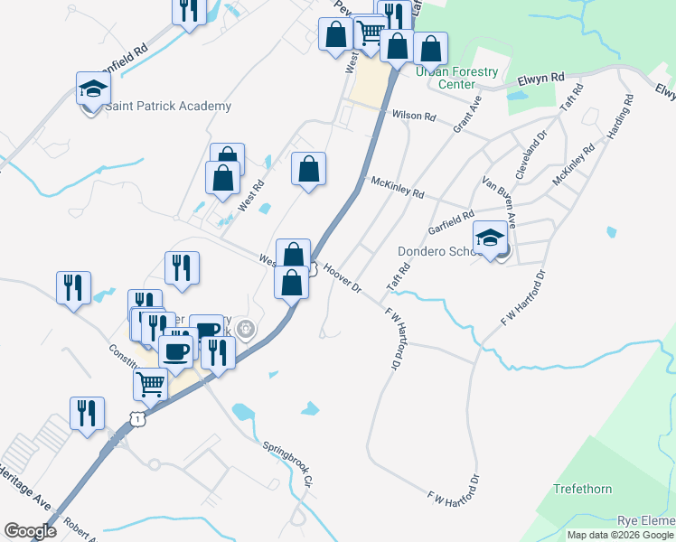 map of restaurants, bars, coffee shops, grocery stores, and more near 400 Coolidge Drive in Portsmouth