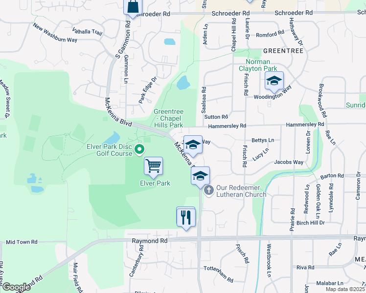 map of restaurants, bars, coffee shops, grocery stores, and more near 1313 McKenna Boulevard in Madison