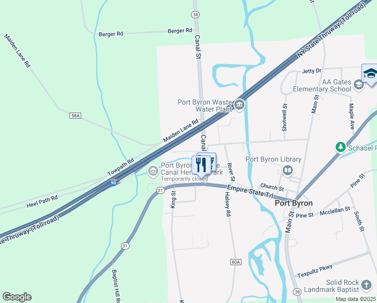 map of restaurants, bars, coffee shops, grocery stores, and more near Maiden Lane in Port Byron