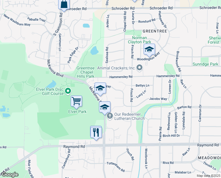 map of restaurants, bars, coffee shops, grocery stores, and more near 6701 Jacobs Way in Madison