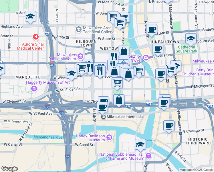 map of restaurants, bars, coffee shops, grocery stores, and more near 615 Vel R. Phillips Avenue in Milwaukee