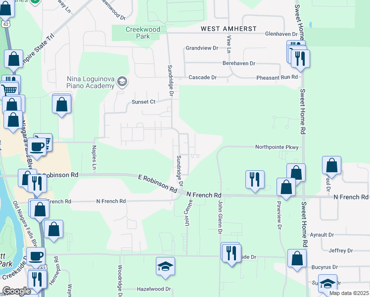 map of restaurants, bars, coffee shops, grocery stores, and more near 107 Sundridge Drive in Buffalo