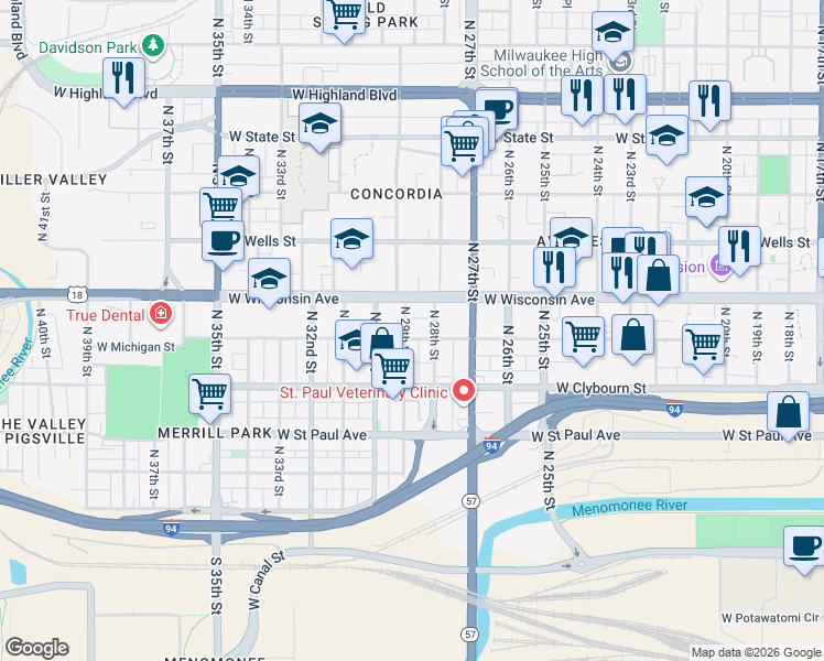 map of restaurants, bars, coffee shops, grocery stores, and more near 612 North 28th Street in Milwaukee