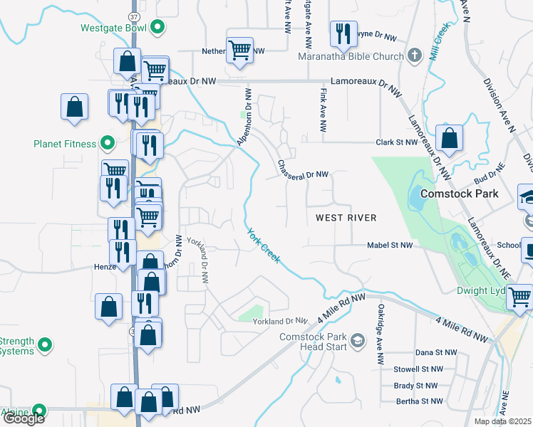 map of restaurants, bars, coffee shops, grocery stores, and more near 460 Woodrush Court Northwest in Comstock Park