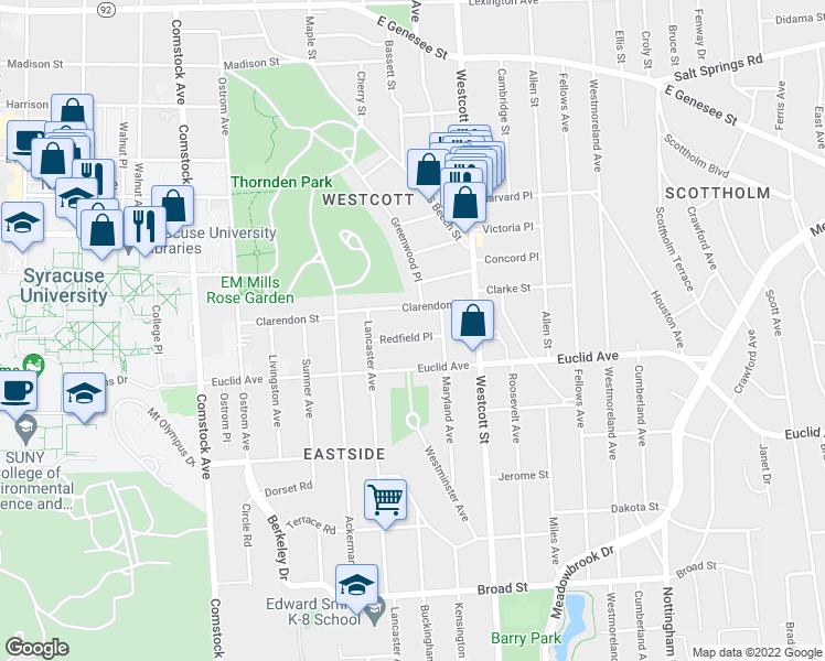 map of restaurants, bars, coffee shops, grocery stores, and more near 143 Redfield Place in Syracuse