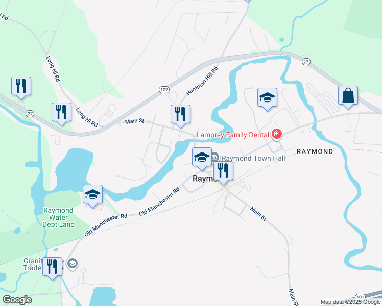 map of restaurants, bars, coffee shops, grocery stores, and more near 35 Main Street in Raymond
