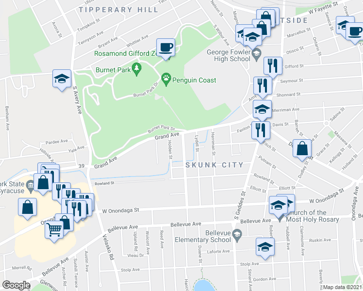 map of restaurants, bars, coffee shops, grocery stores, and more near 116 Hoefler Street in Syracuse