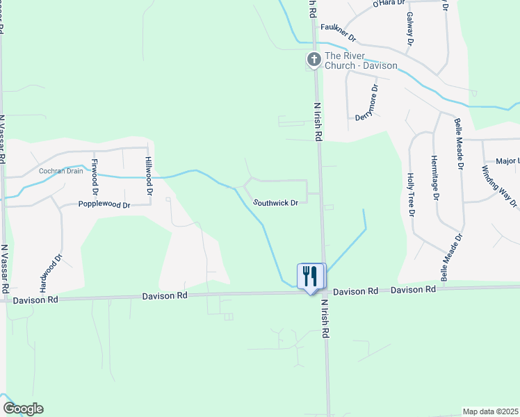 map of restaurants, bars, coffee shops, grocery stores, and more near 7412 Southwick Drive in Davison