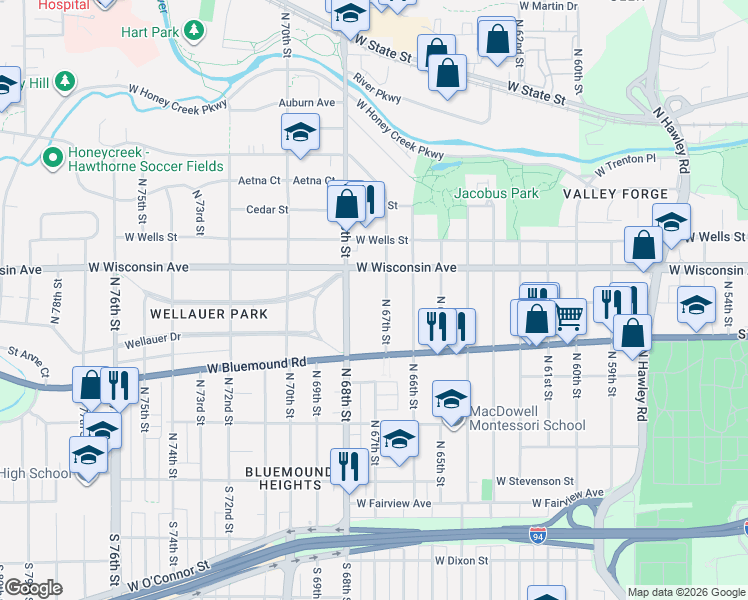 map of restaurants, bars, coffee shops, grocery stores, and more near 609 North 67th Street in Wauwatosa