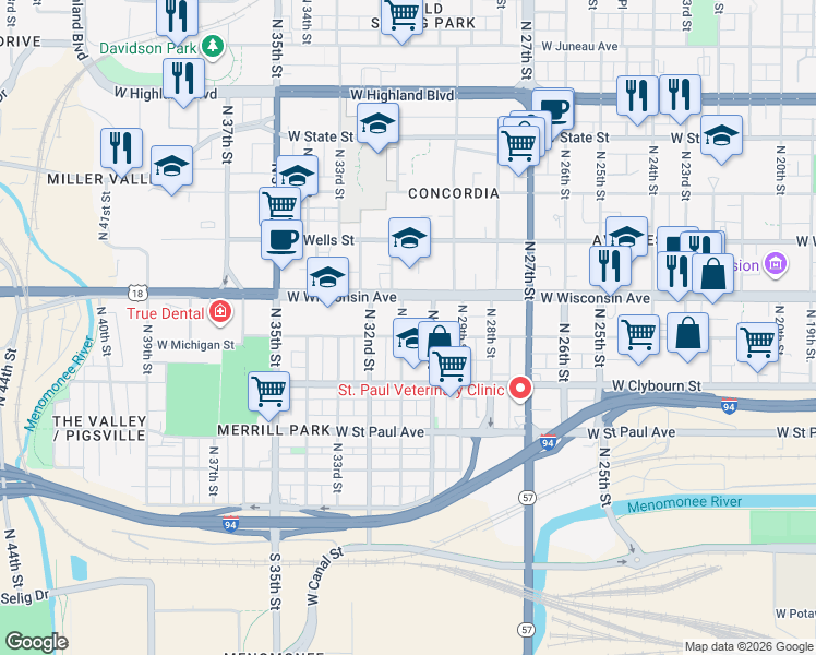 map of restaurants, bars, coffee shops, grocery stores, and more near 3030 West Michigan Street in Milwaukee
