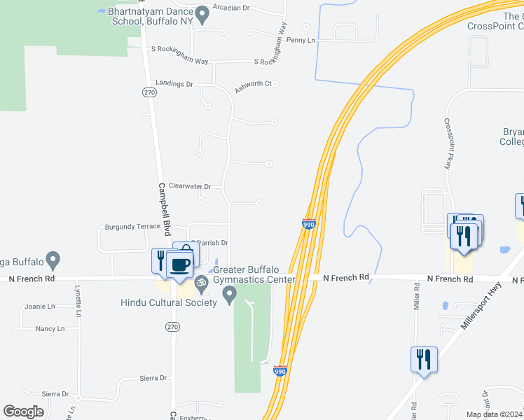 map of restaurants, bars, coffee shops, grocery stores, and more near 41 Belmore Court in Buffalo